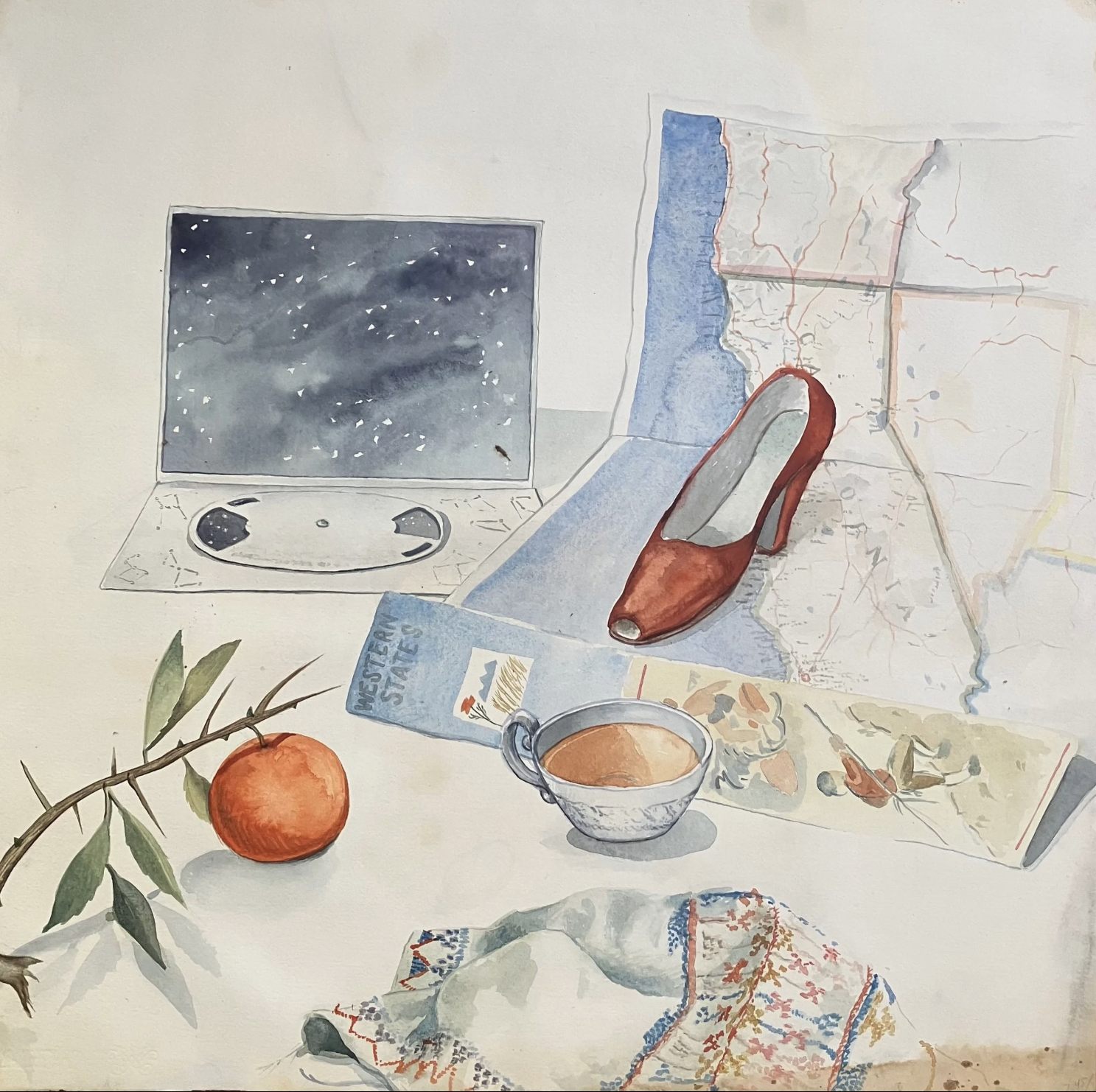 Still Life with Map, Shoe, and Tatreez, watercolor on paper, 26” x 26”